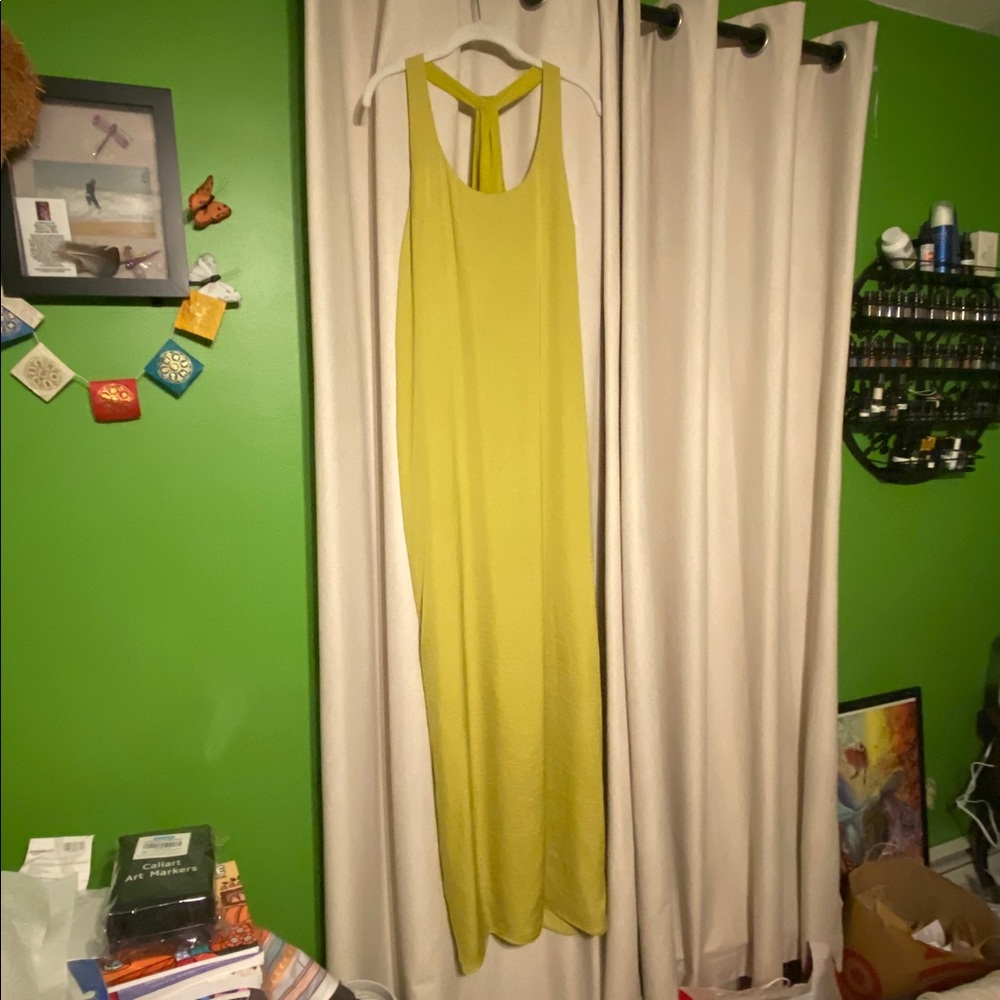 BCBGMaxAzria Sara silky long sleeveless dress in color “lemongrass”